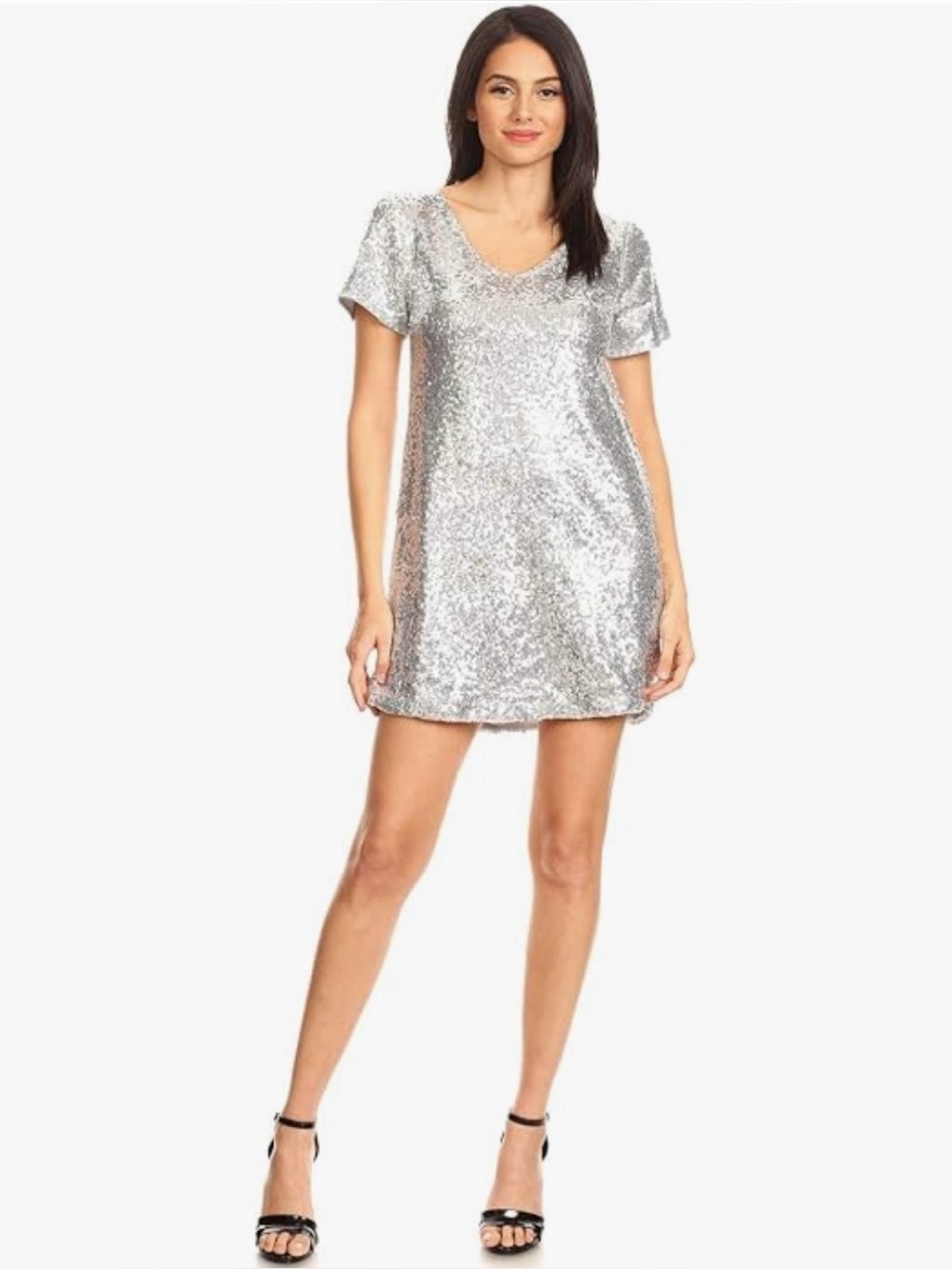 Silver Sequin Short Sleeve V-Neck Shift Dress
